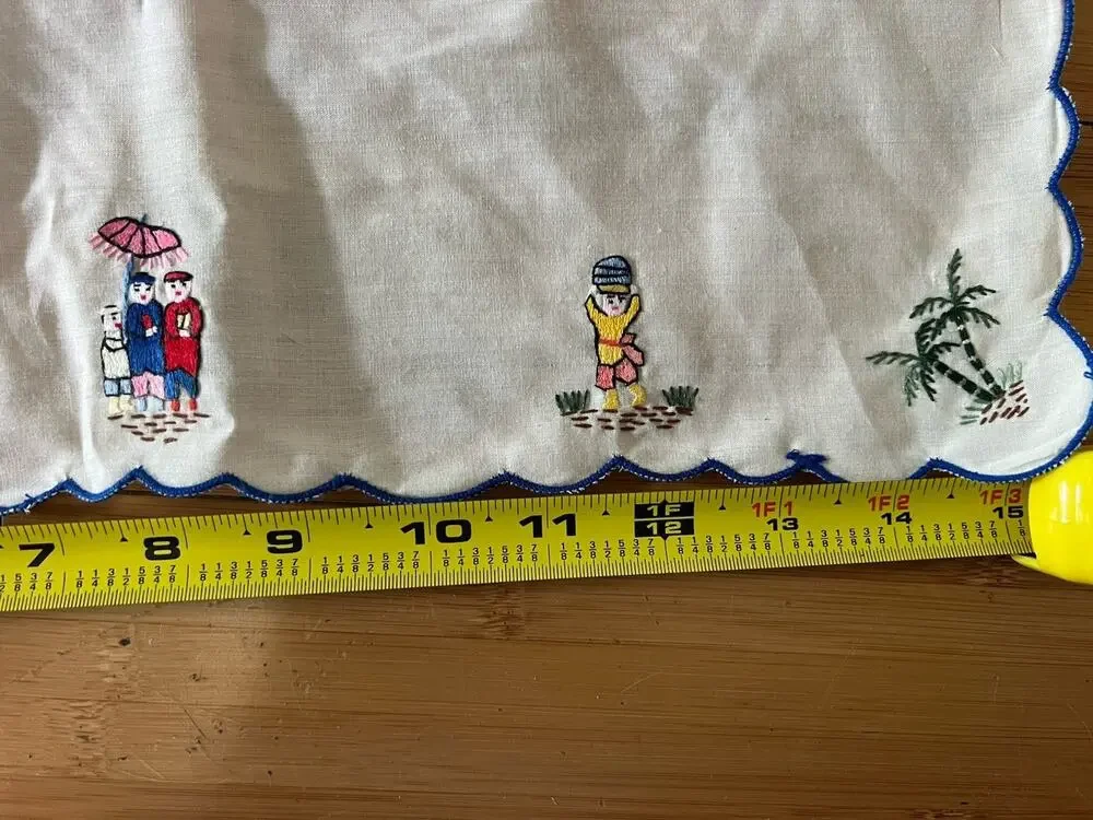 Vintage Handmade Palm Tree Kids Embroidered 100%Cotton Tissue Box Cover Ivory